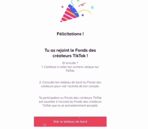 Capture d'écran de l'inscription au fonds des créateurs sur Tiktok