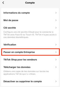 Capture d'écran du menu Tiktok pour passer le compte en 'professionnel'