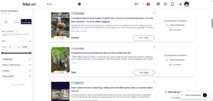 Capture d'écran des résultats de recherche sur Wooskill pour trouver une formation et un coaching