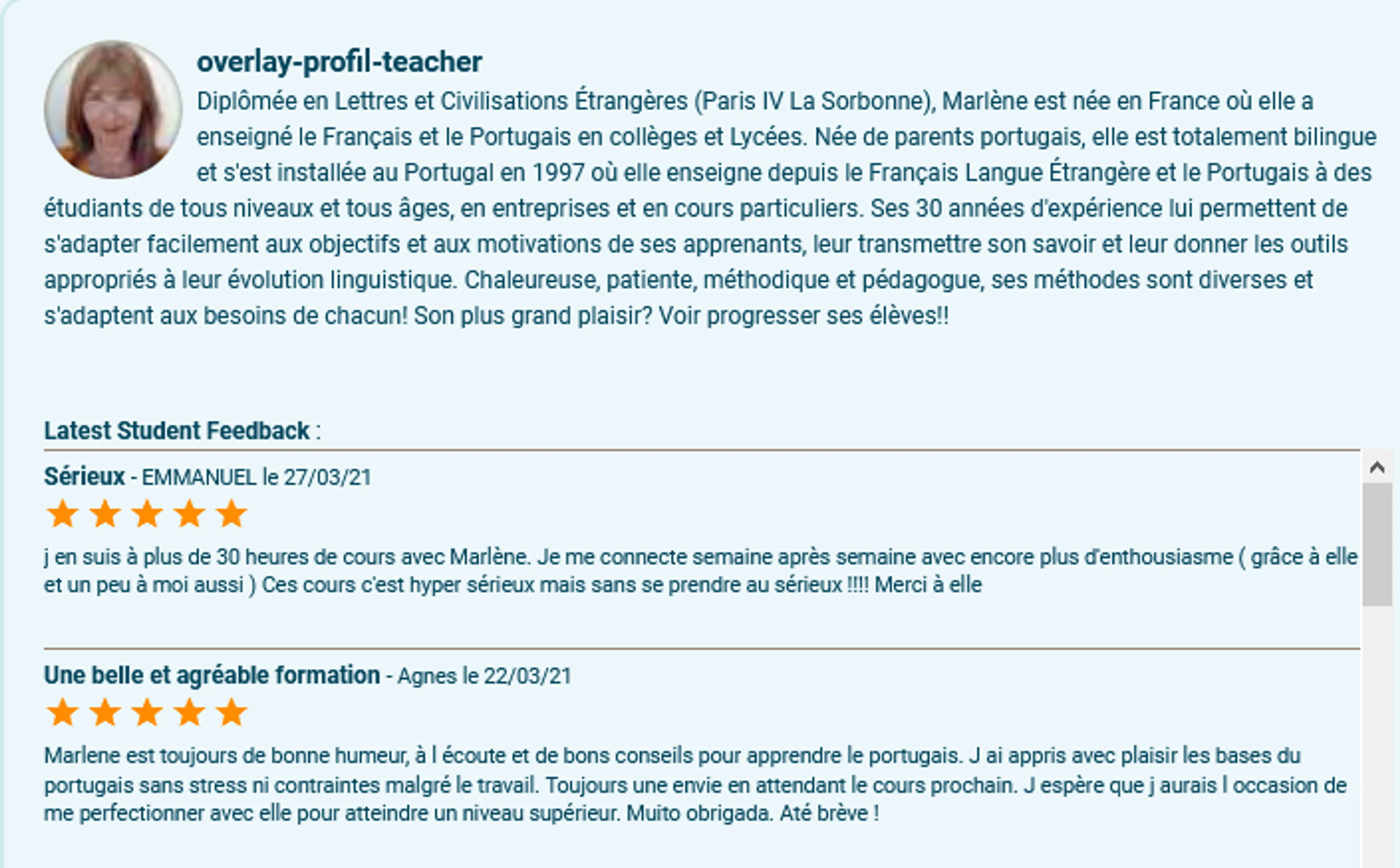 Image de présentation pour l'offre Cours de Portugais par Marlène