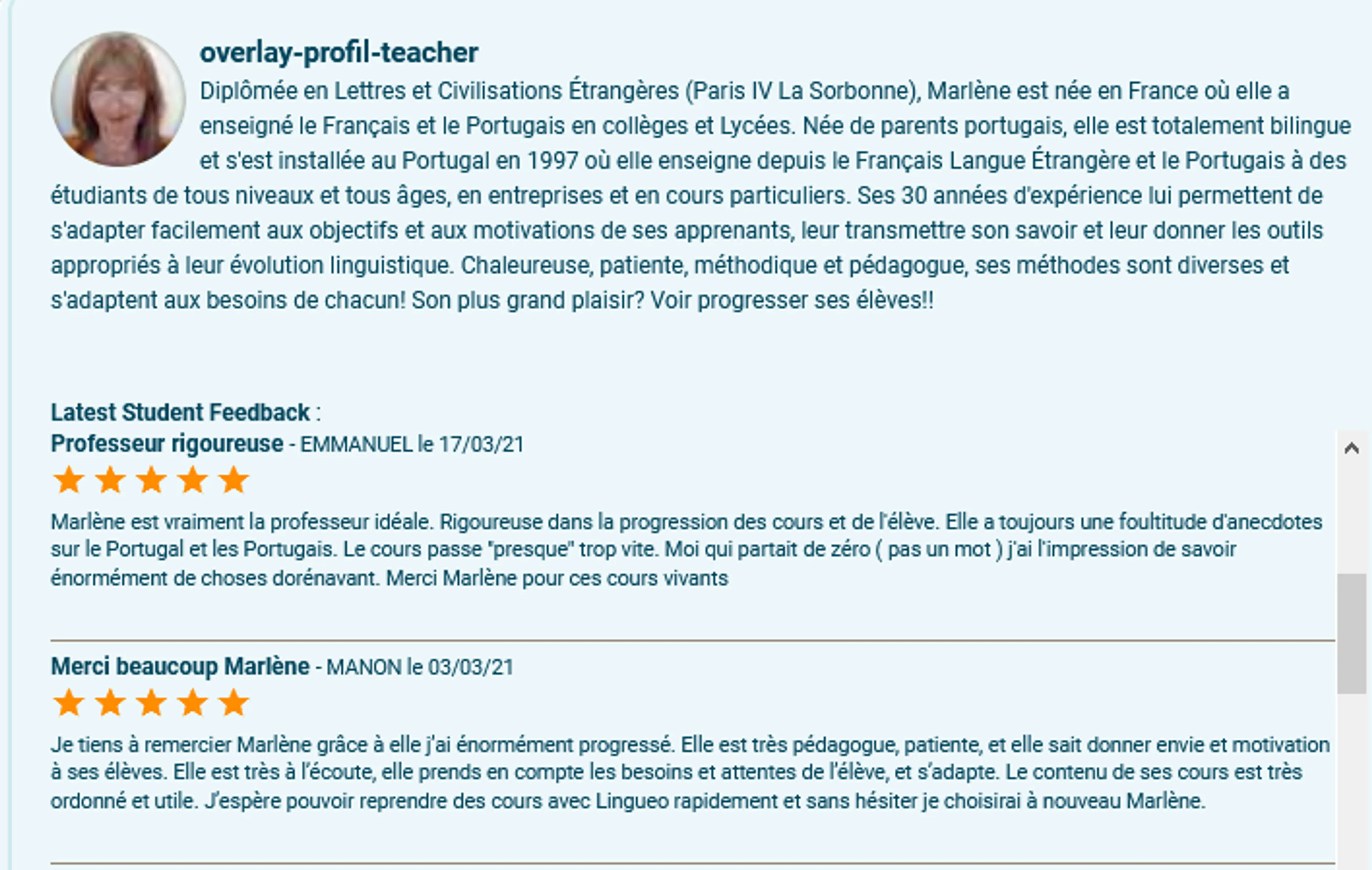 Image de présentation pour l'offre Cours de Portugais par Marlène