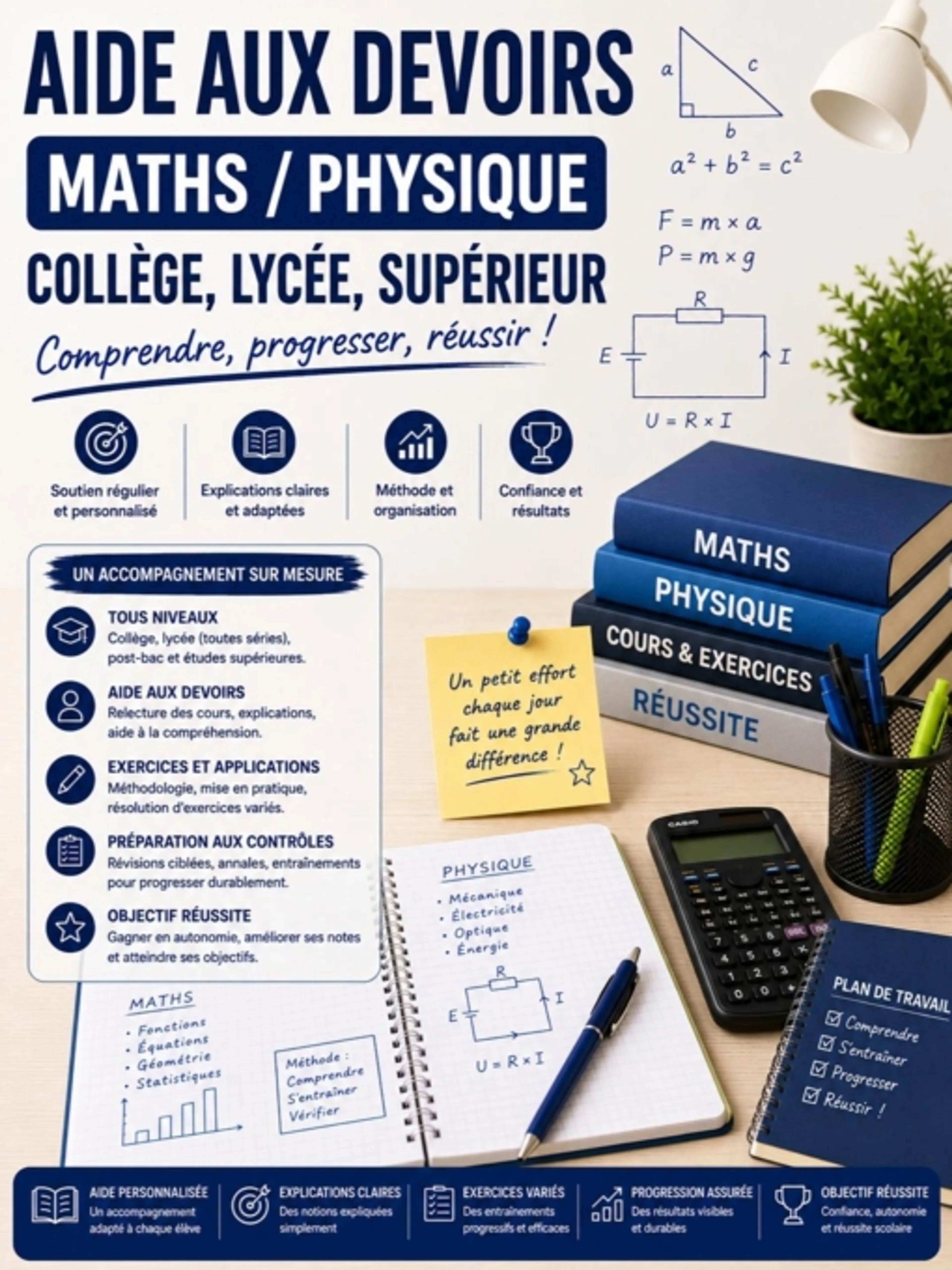 Aide aux devoirs maths / physique — collège, lycée, supérieur