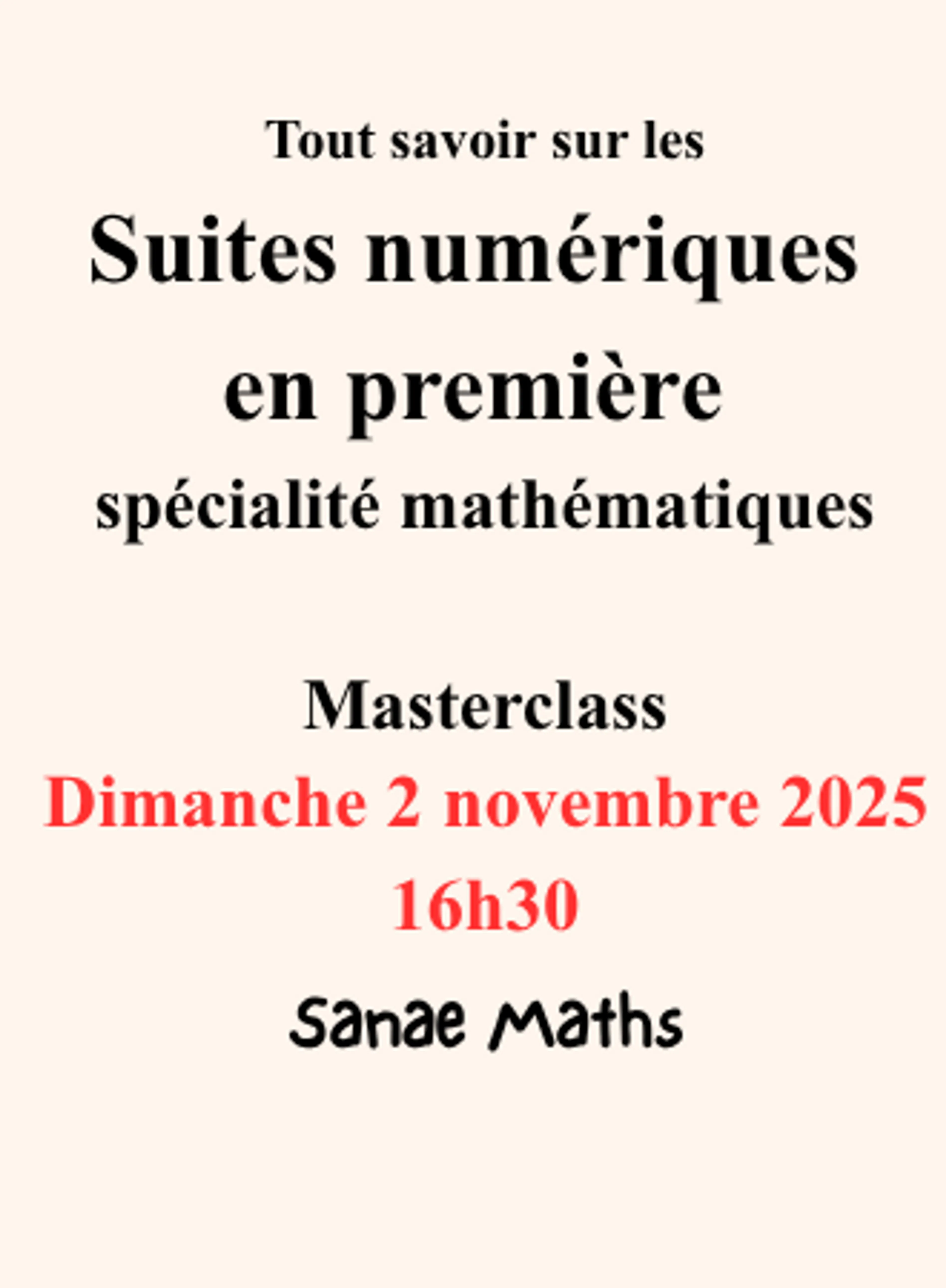 Image de présentation pour l'offre Masterclass – Les suites numériques : cours et exercices corrigés (1re spé maths) par sanae