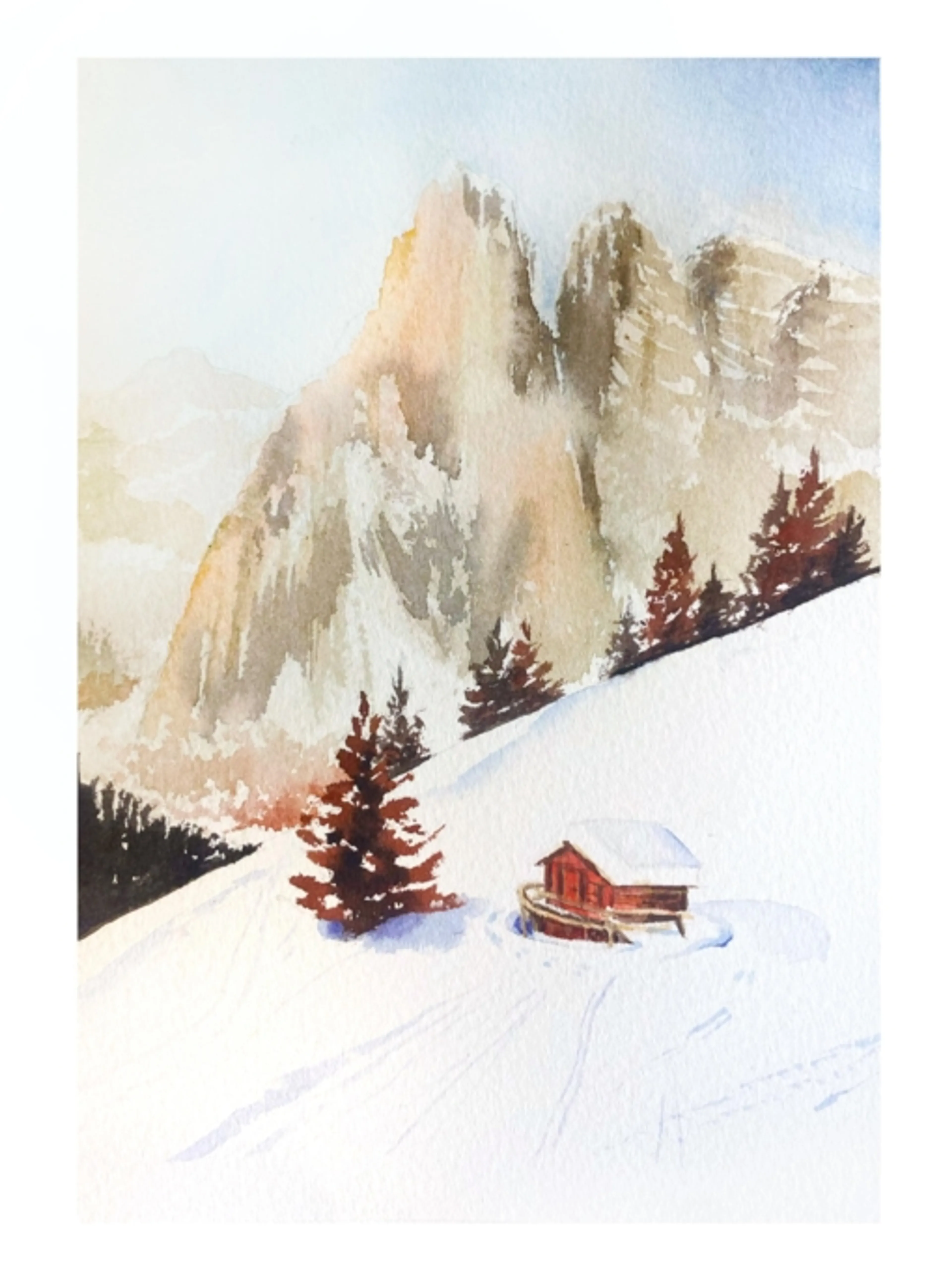 Image de présentation pour l'offre Paysage d'hiver enneigé à l'aquarelle par Diane