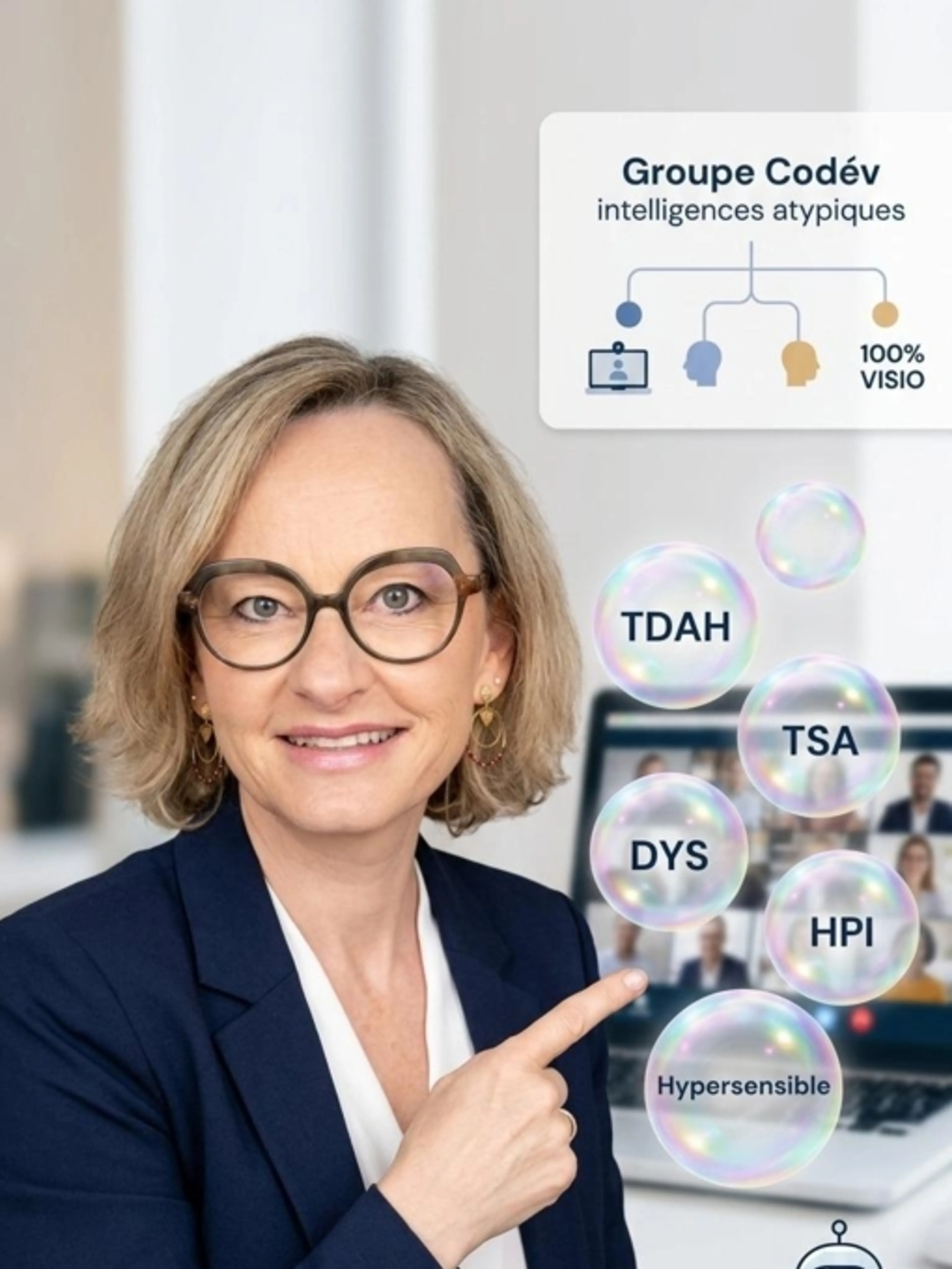 Image de présentation pour l'offre Groupe Codév intelligences atypiques (profils TDAH, TSA, DYS, HPI, Hypersensible) par Jenny Augias