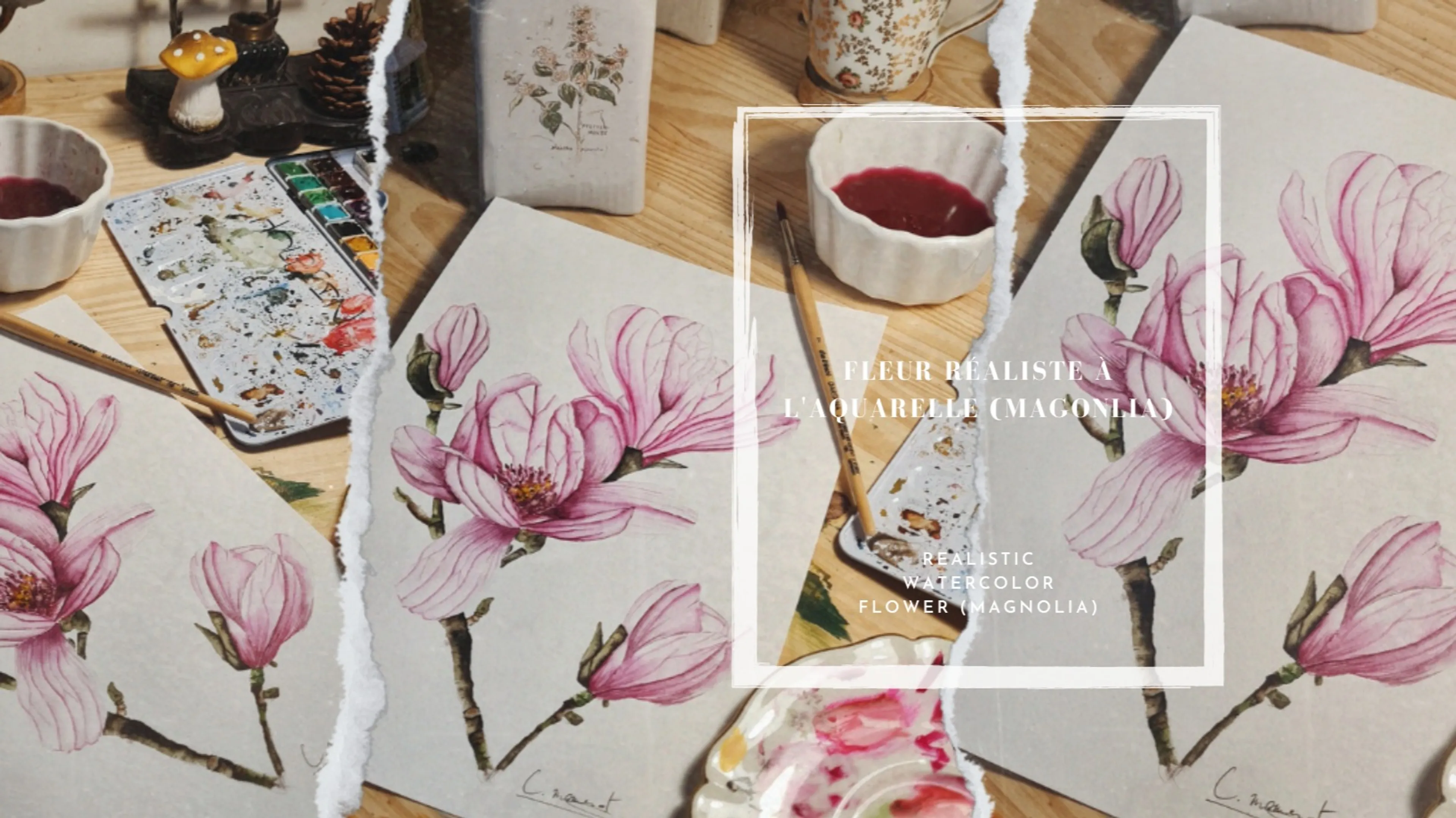 Fleur magnolia réaliste à l'aquarelle, l'ombre et la lumière à l'aquarelle