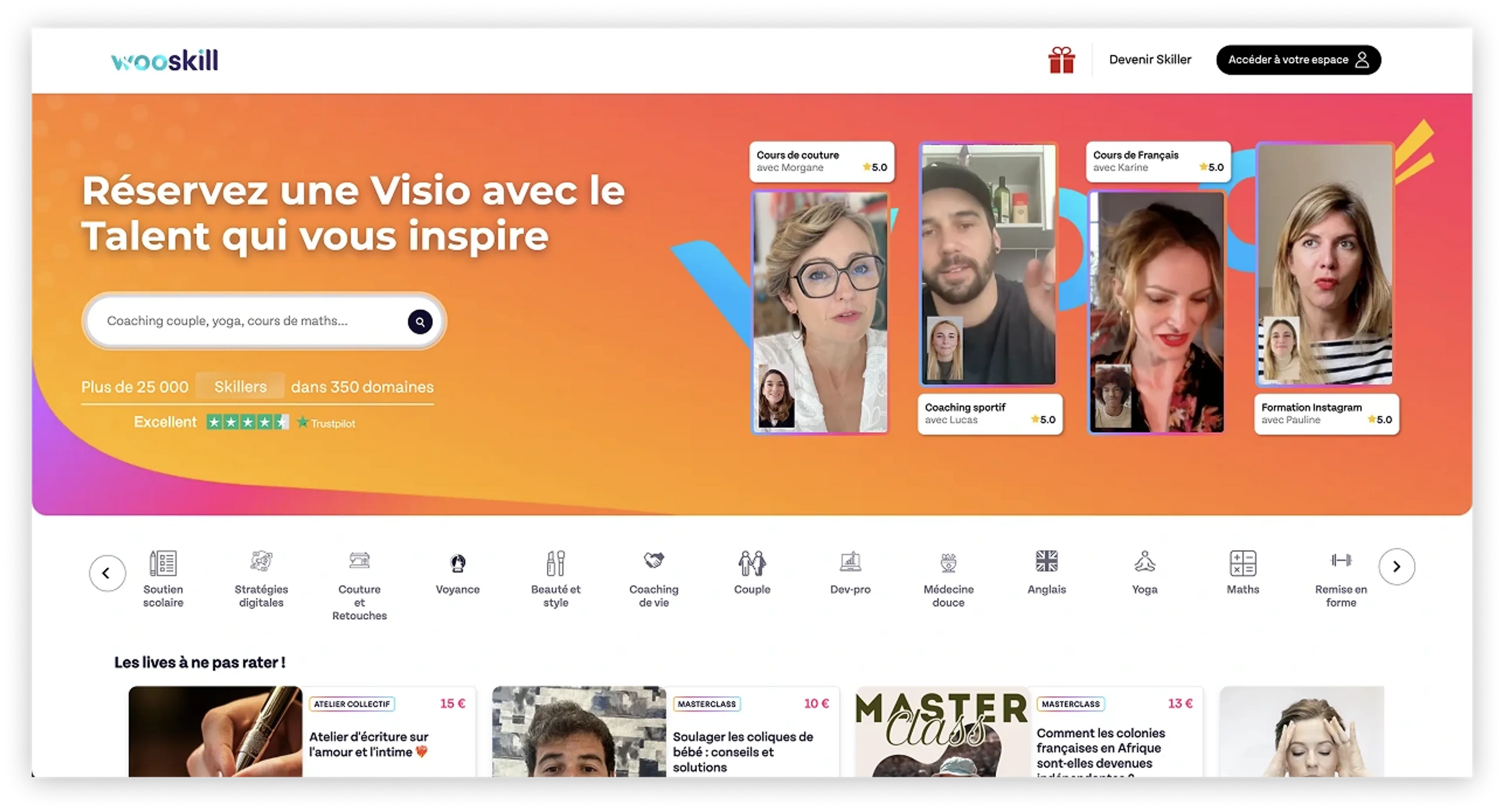 Page d'accueil de Wooskill, la plateforme de cours en ligne